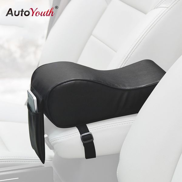 

autoyouth soft thick memory foam car center console armrest cushion pillow, pu leather cover protector with phone storage bag