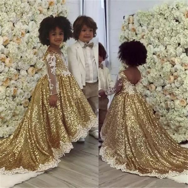 

sparkly gold sequin flower girls dresses for wedding party with long sleeves asymmetrical white lace applique first communion dress, White;blue