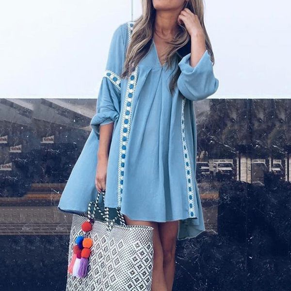 

2019 women bohemia flower print party clubwear long sleeve dress v-neck casual autumn beach bodycon mini dress, Black;gray