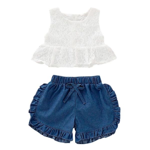 

sagace newborn girl clothes cute sleeveless lace flower +ruffle denim shorts outfits set for infant baby girl new fashion, White