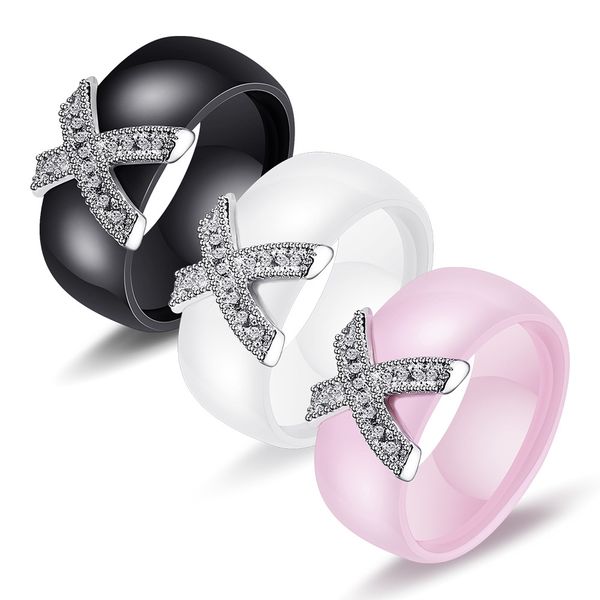 

black white ceramic couple rings ceramic band rings jewelry fashion brand new elegant zircon x shape finger rings, Silver