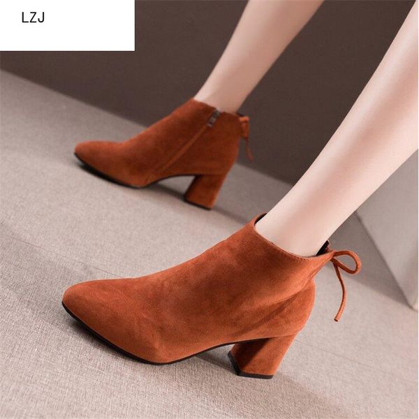 

lzj 2019 warm new plus size 34-43 chunky heels platform winter shoes woman boots side zipper female ankle boots, Black