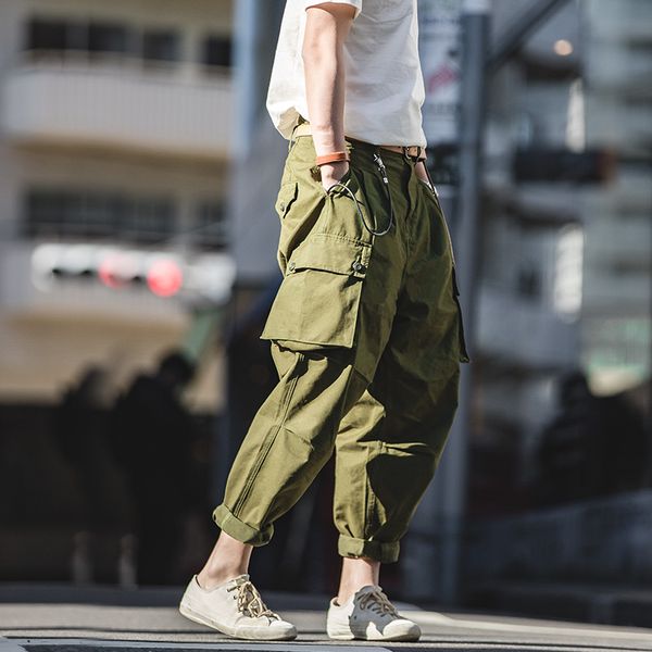 

men's vintage loose fit baggy high rise cargo pants with drop crotch multi pockets green khaki, Black