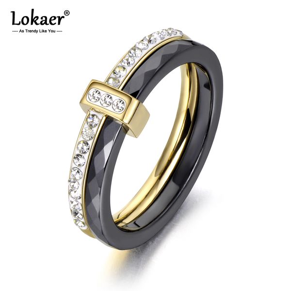 

lokaer 2 layers black/white ceramic crystal wedding rings jewelry stainless steel rhinestone engagement ring for women r18054, Slivery;golden
