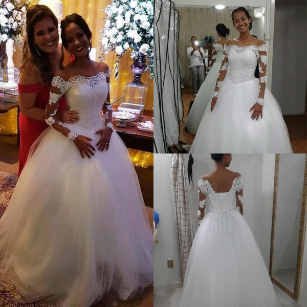 

princess long sleeves wedding dresses a line boat neck floor length tull country bridal gowns with beaded sash lace up robe de mariée, White