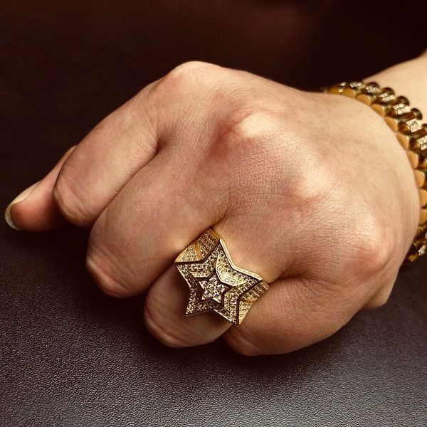 Hip Hop Herren Gold Ring Schmuck Hochwertige fünfzackige Stern Kubikzircon Gold Ringe für Männer