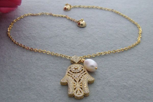 

fashion-fc051708 19" rice pearl hamsa cz pendant necklace, Silver