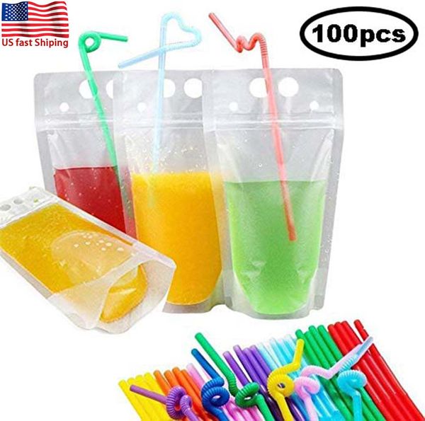 

us fast shiiping 100pcs clear drink pouches bags frosted zipper stand-up plastic drinking bag with straw with holder reclosable heat-proof