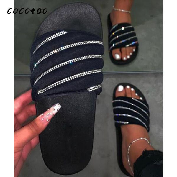 

slippers women 2021 summer korean fashion rhinestones wear outdoor beach word sandals and, Black