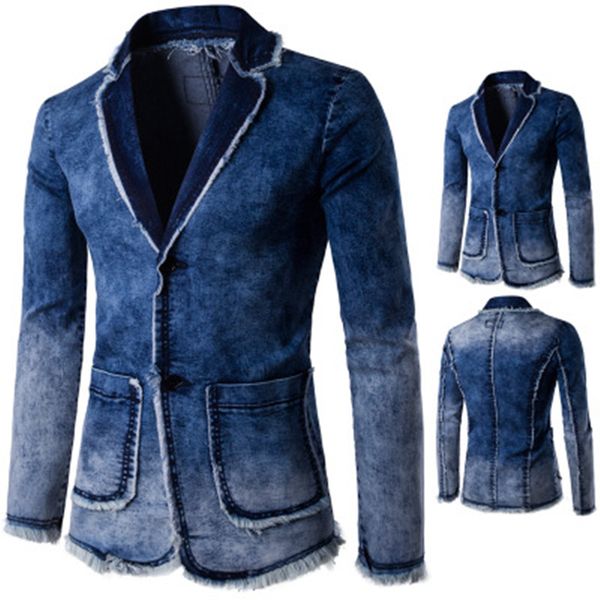 

men denim suit jacket fashion men two button washed cowboy coat casual jeans suit male solid color slim outerwear brand clothing, White;black