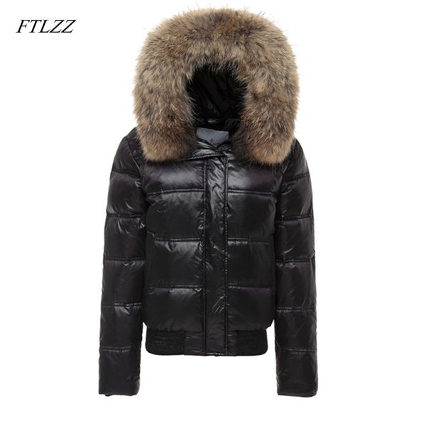 

ftlzz real raccoon fur winter jacket women long sleeve slim white duck down parkas female hooded pockets coat outwear, Black