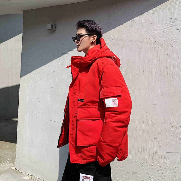 

autumn 2019 new korean version of the large pocket hooded sports style loose hip hop wild tooling casual cotton suit, Black