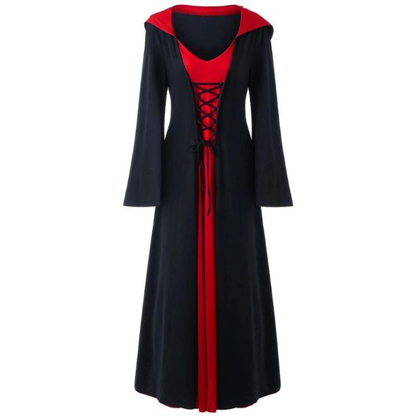 

35# party women's dresses plus size halloween hooded lace up patchwork sundress long sleeve v-neck long maxi vestidos #f, Black;gray