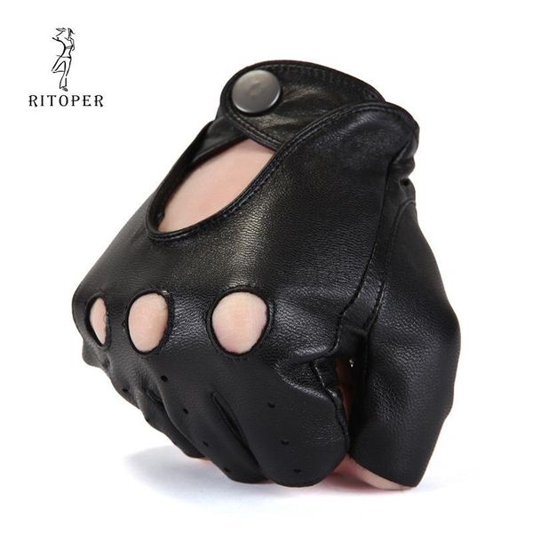 

fashion-rir genuine leather semi-fingers gloves male breathable hole thin style men half-finger lambskin gloves driving fishing 2018, Blue;gray