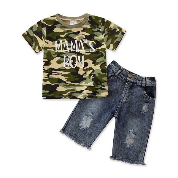 

summer toddler baby boy girl clothing camo printed short sleeve shirt hole denim pant 2pcs outfit, White
