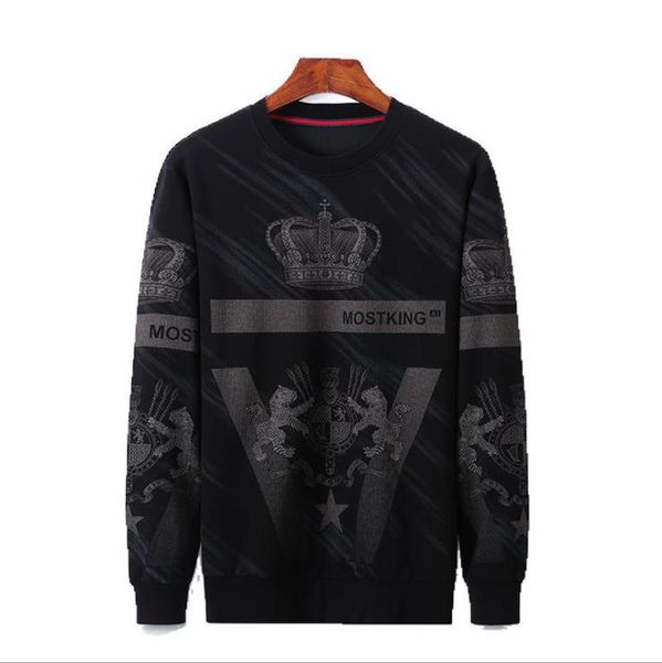 

new autumn/winter 2019 european and american men's wear long-sleeved round collar crown printing fashionable and handsome casual hoodie, Black