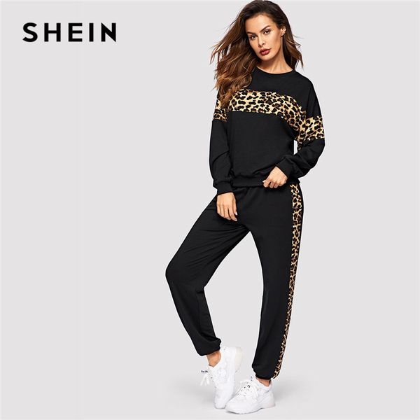 

shein black leopard panel pullover women o-neck athleisure sweatshirt and sweatpants set autumn women casual two piece sets, White