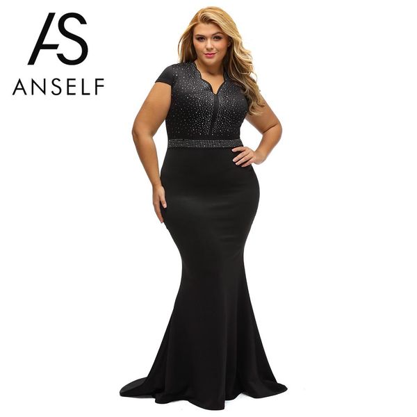 

anself 3xl woman plus size dress rhinestone scalloped v neck high waist long gown big size eleparty dresses one-piece, White;black