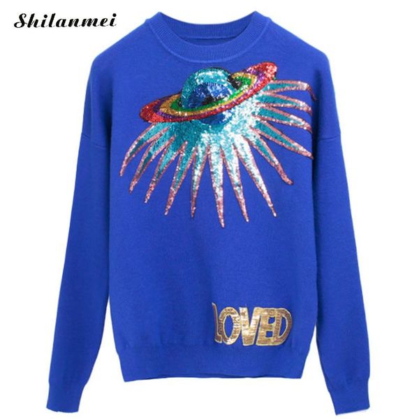 

2019 sequin women sweater pullovers women england style loose pullovers para mujer long sleeve planet printing knitted, White;black