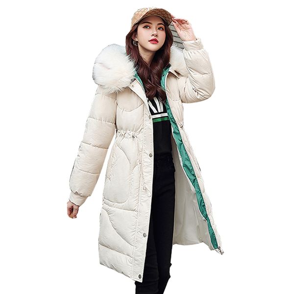 

winter fur collar self-cultivation jacket cap and large fur collar over knee medium and long down jacket parka woman 1909, Tan;black