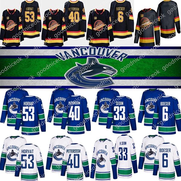

2020 новый ванкувер 40 элиас петерсон джерси 53 бо хорват 22 даниэль седин 33 хенрик седин 6 брок бозер jt миллер синий, Black;red