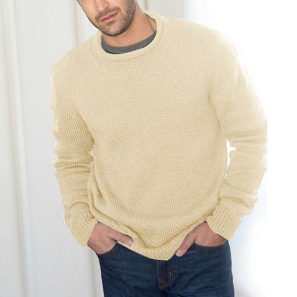 

men's casual solid color round neck knitted sweater male fashion long sleeve slim warm pullover, White;black