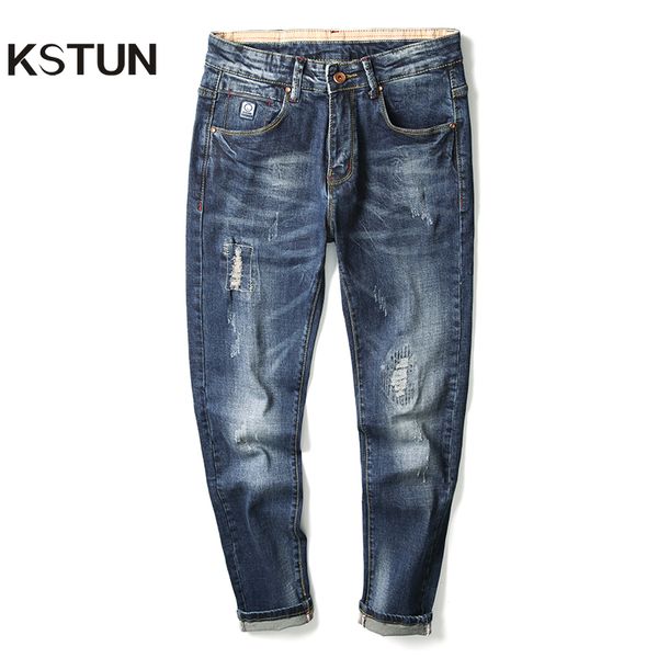 

kstun ripped jeans for men autumn stretch blue slim straight biker jeans streetwear distressed denim pants calÃ§a masculina