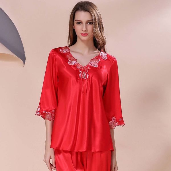 

pijamas women pajamas set silk pajamas for women sleepwear pink ladies long sleeve two piece set lingerie woman clothes, Black;red