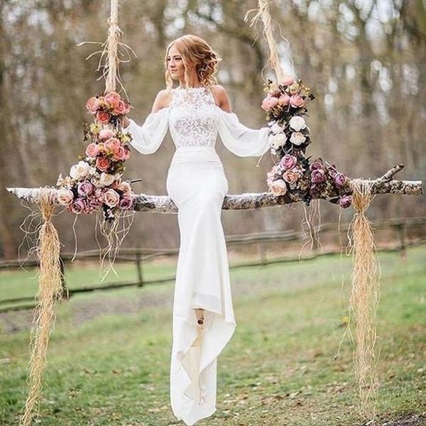 

2019 White Mermaid Wedding Dresses Elegant Chiffon Plus Size Bridal Gowns Lace Country Long Sleeve Wedding Dress vestidos de novia