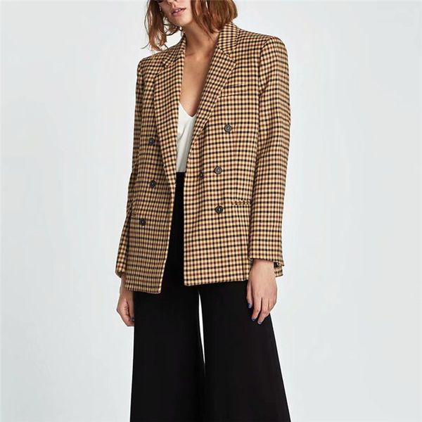 

vintage bouble breasted plaid women blazer pockets jackets female retro suits coat feminino blazers outerwear high quality, White;black
