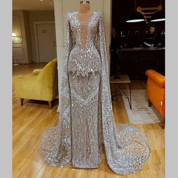 

sparkly major beading mermaid prom dresses with shawls luxury silver sequined beads mermaid evening dress red carpet dress, Black