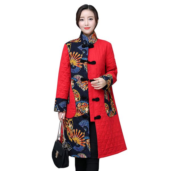 

vintage winter coat new national women cotton coat middle age mother print flowers long warm dress ym1070, Black