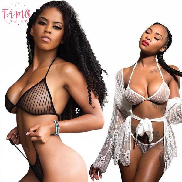 

2pcs women lingerie set halter bra g string transparent temptation hollow suit two piece suits swimming wear bikini, White;black
