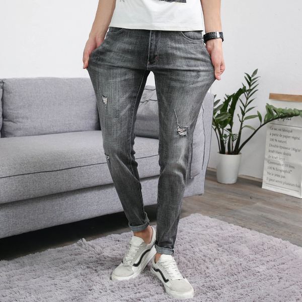 

scratched summer mens jeans brand casual slim fit denim jeans ankle-length pant homme plus size, Blue