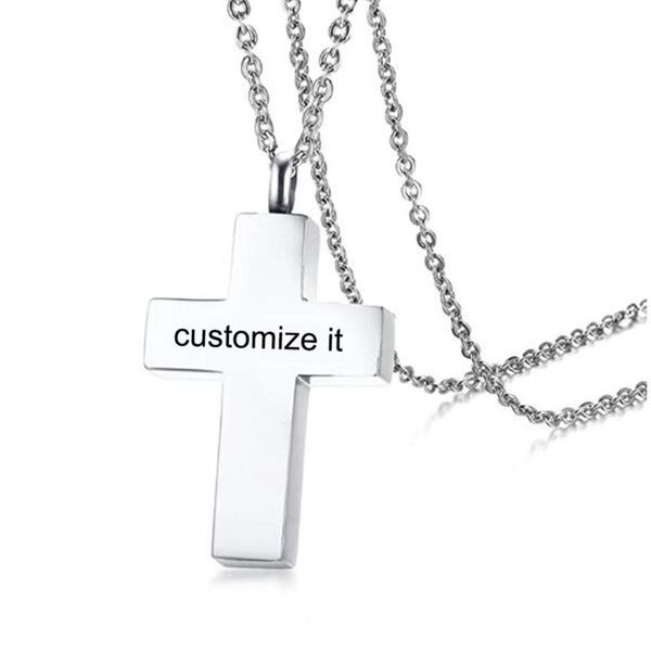 

personalized custom stainless steel religious cross cremation urn pendant necklace for ashes memorial keepsake jewelry, Silver