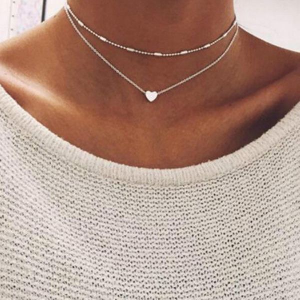 

2018 new fashion ladies women multilayer love heart pendant necklace chain jewelry torque accessories chain dropshiping, Silver