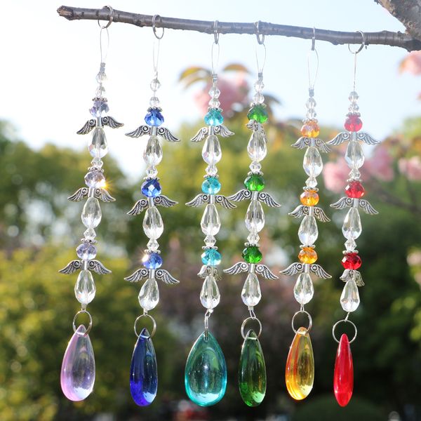 

6pcs angel wings 38mm chakra crystal suncatcher hanging teardrop prism pendant handmade decoration rainbow maker wqm184