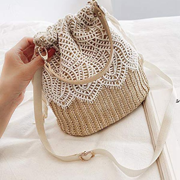 

women lace flower straw handbag tote summer holiday woven bucket bag shoulder bag crossbody bag,leaf
