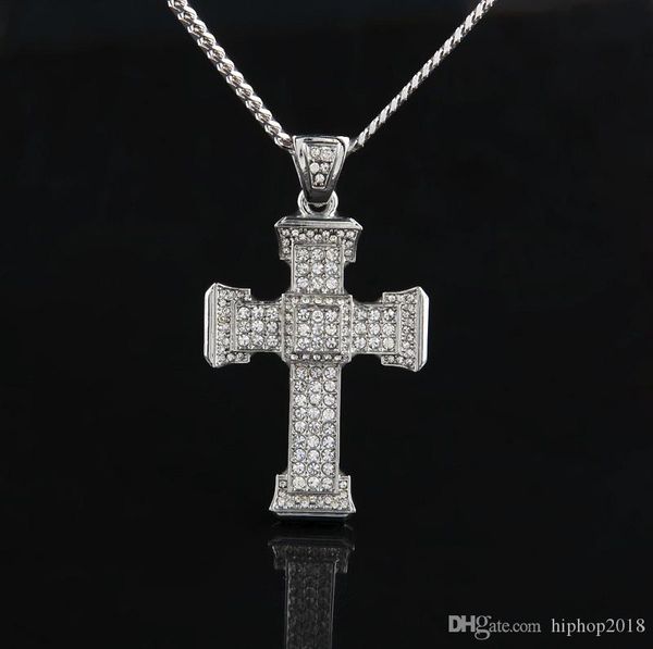 

full diamond cross pendant necklace mens gold cuban link chain necklace iced out pendant hip hop jewelry, Silver