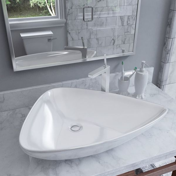 

triangular sink in white ceramic 645x455x115 mm bathroom storage organization
