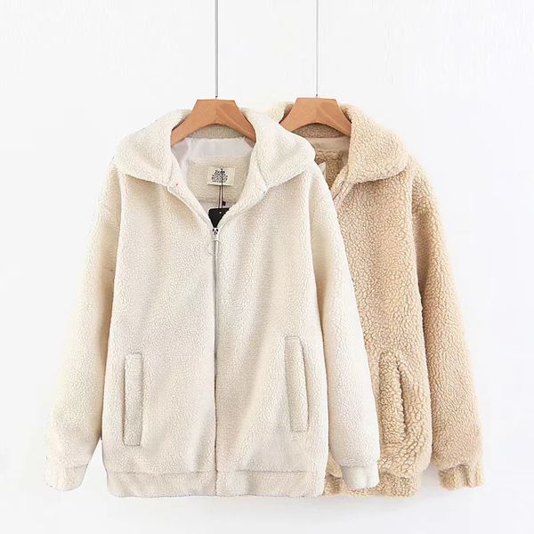 

women autumn winter jacket sherpa warm cotton white parka female vintage casual lapel plush coat for ladies thick c, Black