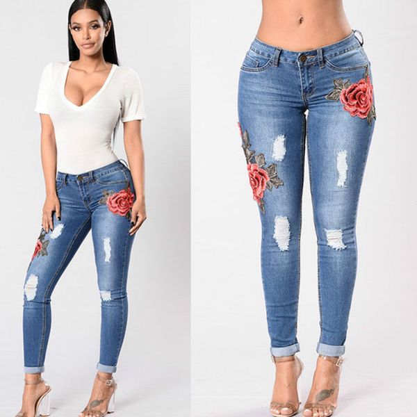 

2020 мода джинсы женщины вышитые пуговицы карман с низкой талией сексуальные джинсовые брюки узкие тонкие джинсы полная длина отверстие тощи, Blue