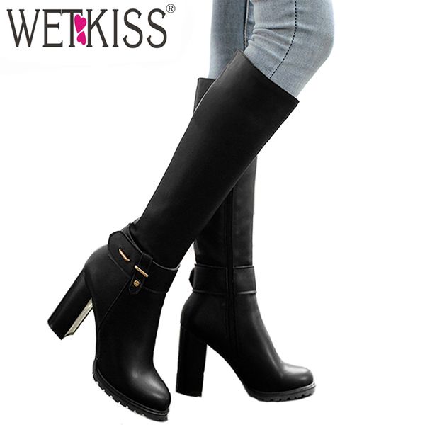 

wetkiss большой размер 34-43 женские сапоги до колен мех внутри теплые зимние сапоги боковая молния толстые высокие каблуки обувь на платфор, Black