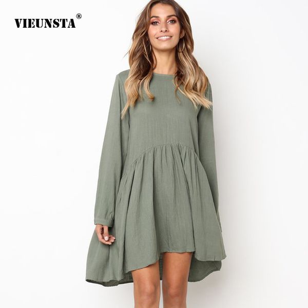 

vieunsta 2018 new lantern sleeve autumn pleated dress o-neck solid botton loose dresses elegant party a-line mini dress vestidos, Black;gray
