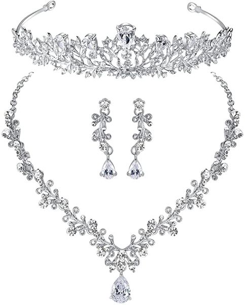 

silver wedding leaf cubic zirconia necklace earring and tiara crown jewelry set for women