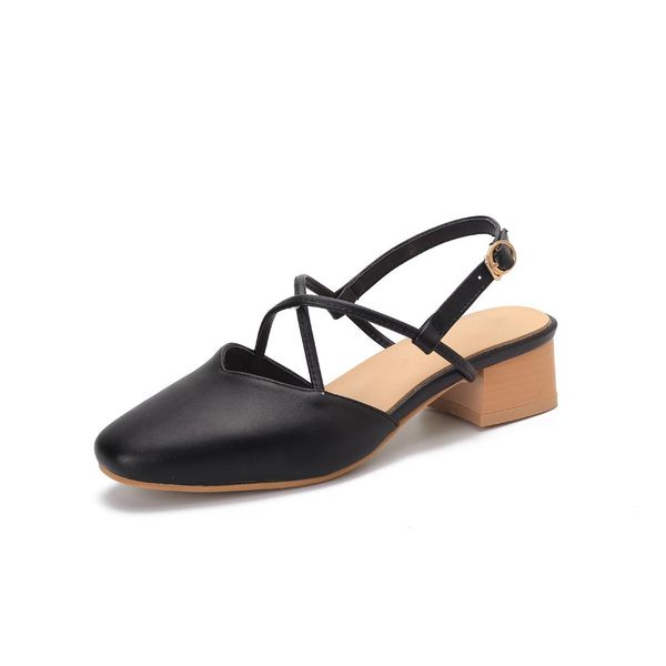 

square head semi-high heeled sandals closed-toe chunky-heel glossy leather cross belt closed-toe rome women's shoes for many yea, Black