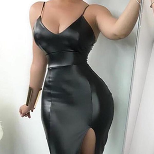 

2019 new ladies ball party knee-length split polyurethane leather spaghetti straps dress, Black;gray
