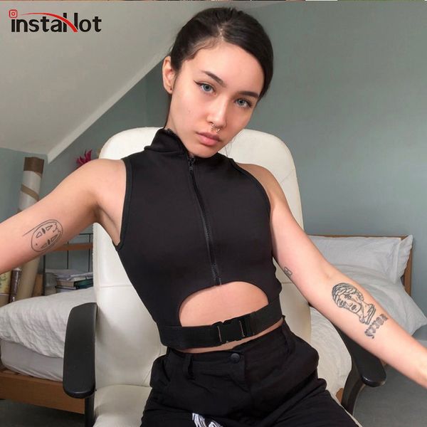 

instahollow out tank ladies summer zipper up sleeveless women summer cropped streetwear streetwear buckle, White