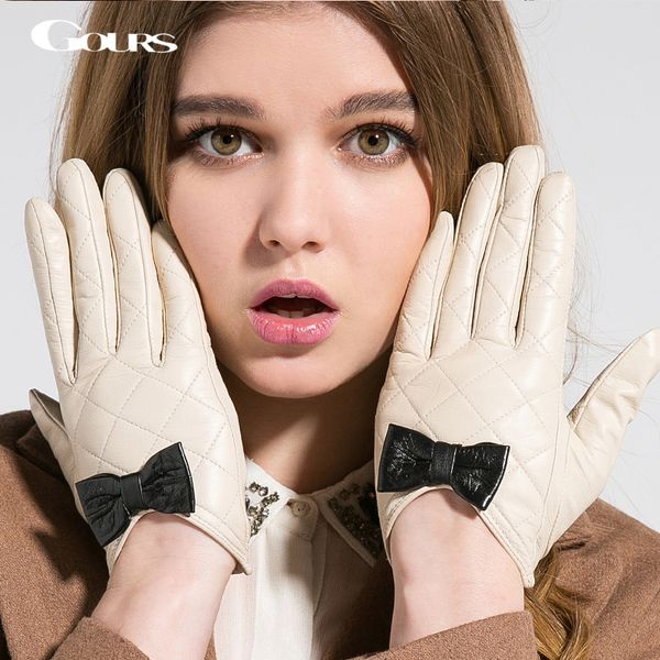 

gours women' winter genuine leather gloves brand white black touch screen gloves ladies girls goatskin bow cute mittens gsl009, Blue;gray
