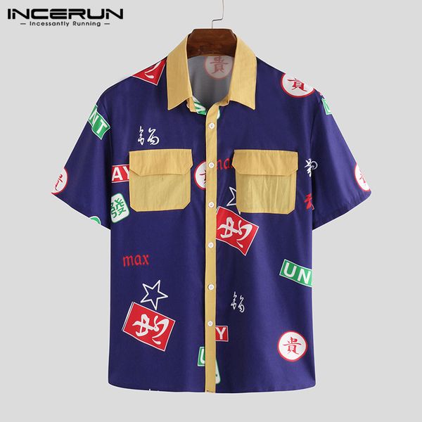 

incerun 2020 printed men hawaiian shirt lapel pockets short sleeve streetwear breathable casual shirts summer camisa masculina, White;black